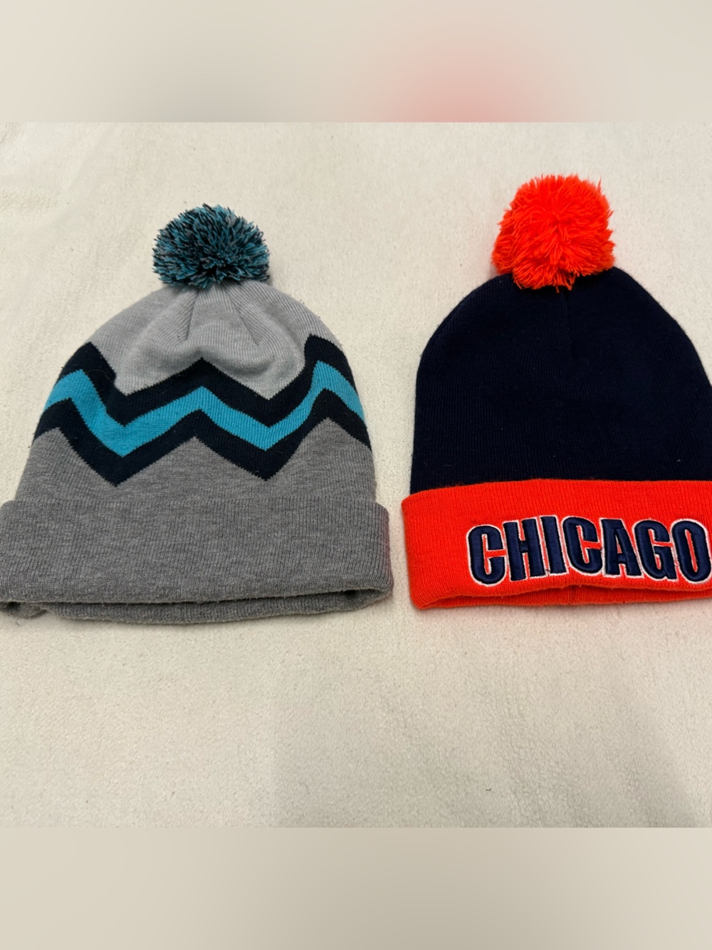 Chicago Knit Pom Beanie + Gray Chevron Pom Beanie - Orange, Navy, Gray, Teal